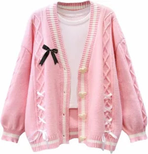 FindThy Womens Cute Sweet Cardigan Sweater Kawaii Love Button Long Sleeve V-Neck Bowknot Knitted Outerwear