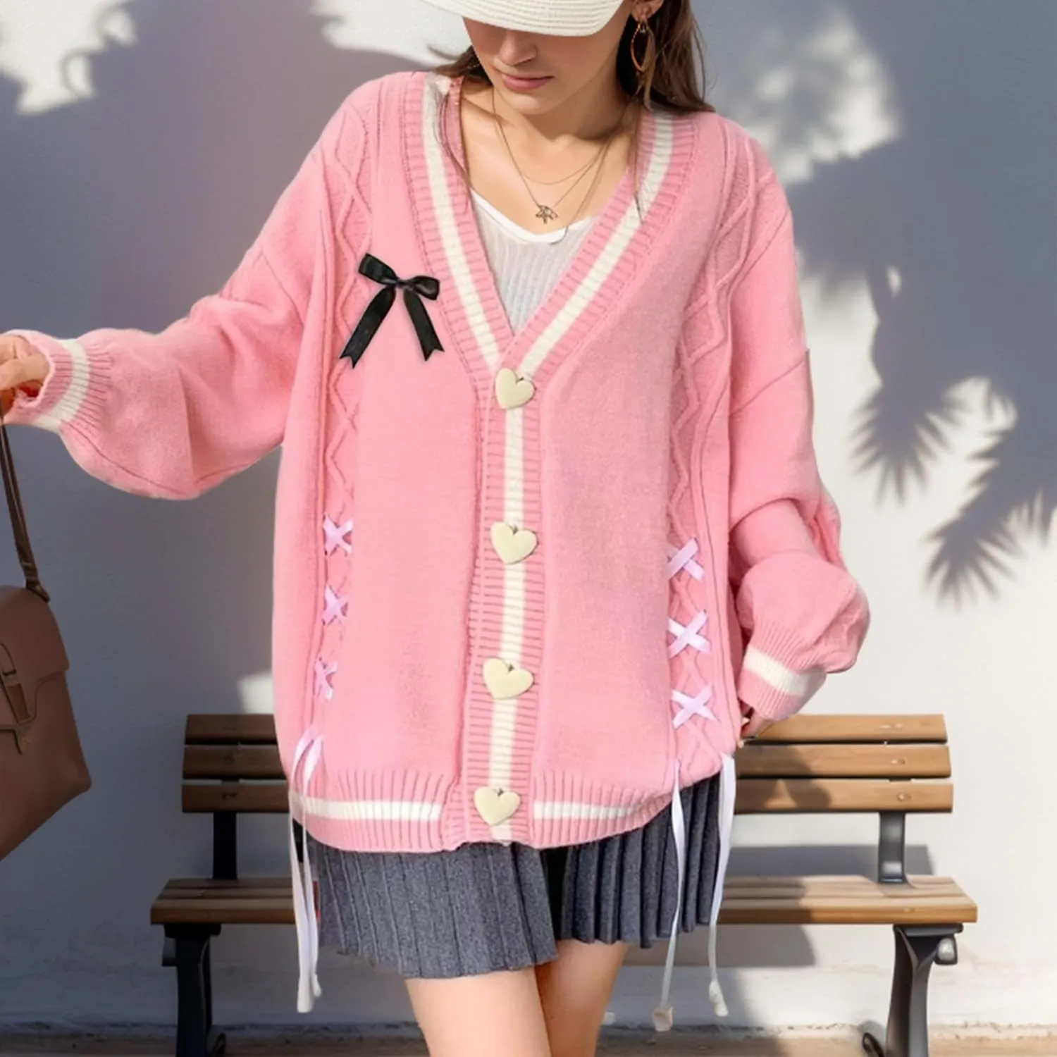 FindThy Womens Cute Sweet Cardigan Sweater Kawaii Love Button Long Sleeve V-Neck Bowknot Knitted Outerwear