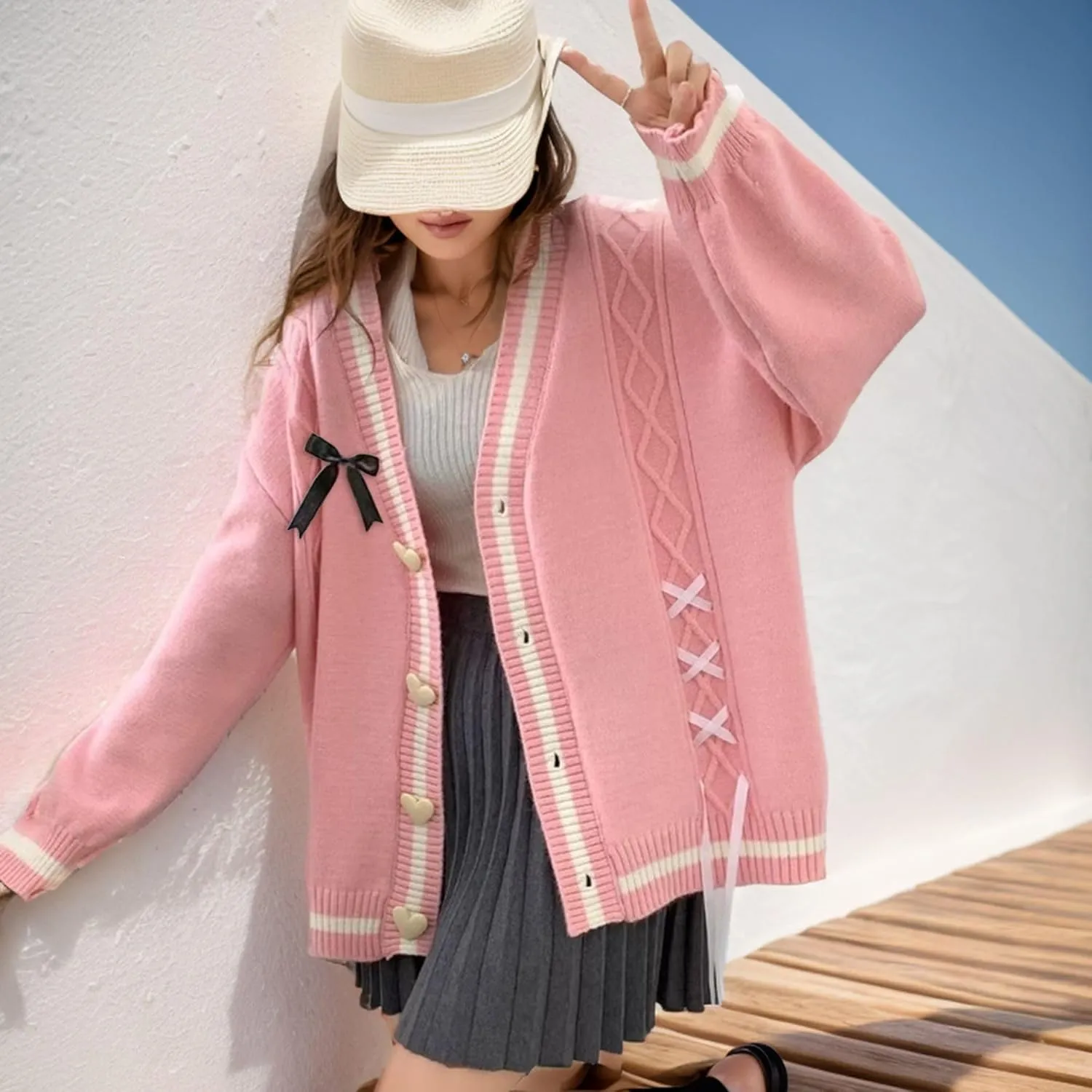 FindThy Womens Cute Sweet Cardigan Sweater Kawaii Love Button Long Sleeve V-Neck Bowknot Knitted Outerwear