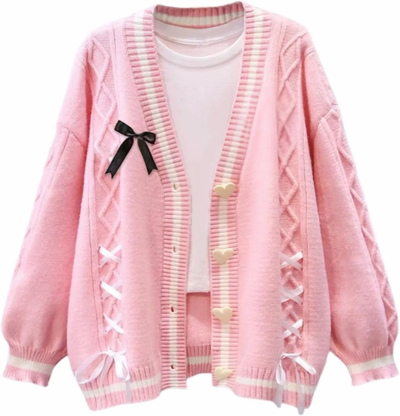 FindThy Womens Cute Sweet Cardigan Sweater Kawaii Love Button Long Sleeve V-Neck Bowknot Knitted Outerwear