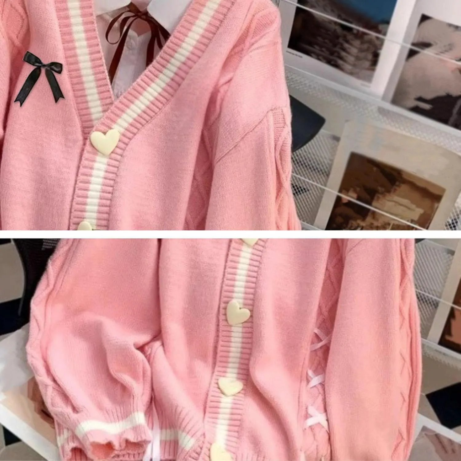 FindThy Womens Cute Sweet Cardigan Sweater Kawaii Love Button Long Sleeve V-Neck Bowknot Knitted Outerwear