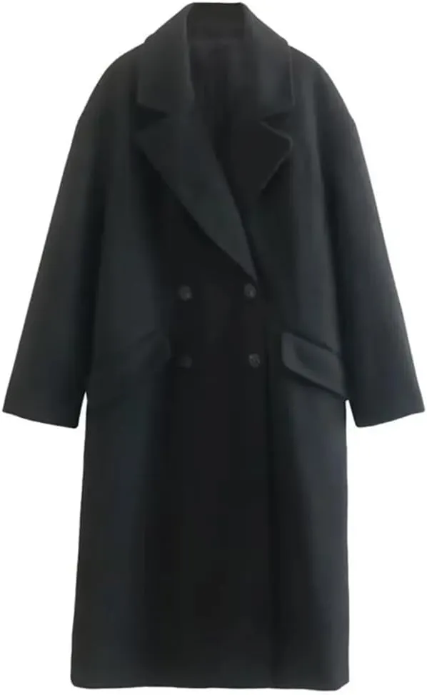 Fjnbbiot Autumn Winter Women's Mid Length Double Breasted Windbreaker Fashion Notched Collar Wool Blend Over Coat