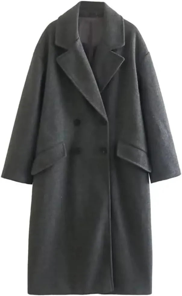 Fjnbbiot Autumn Winter Women's Mid Length Double Breasted Windbreaker Fashion Notched Collar Wool Blend Over Coat