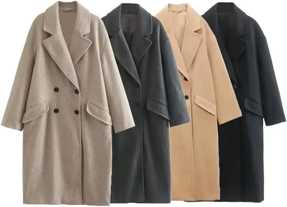 Fjnbbiot Autumn Winter Women's Mid Length Double Breasted Windbreaker Fashion Notched Collar Wool Blend Over Coat