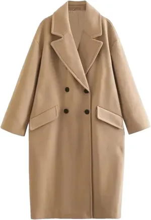 Fjnbbiot Autumn Winter Women's Mid Length Double Breasted Windbreaker Fashion Notched Collar Wool Blend Over Coat