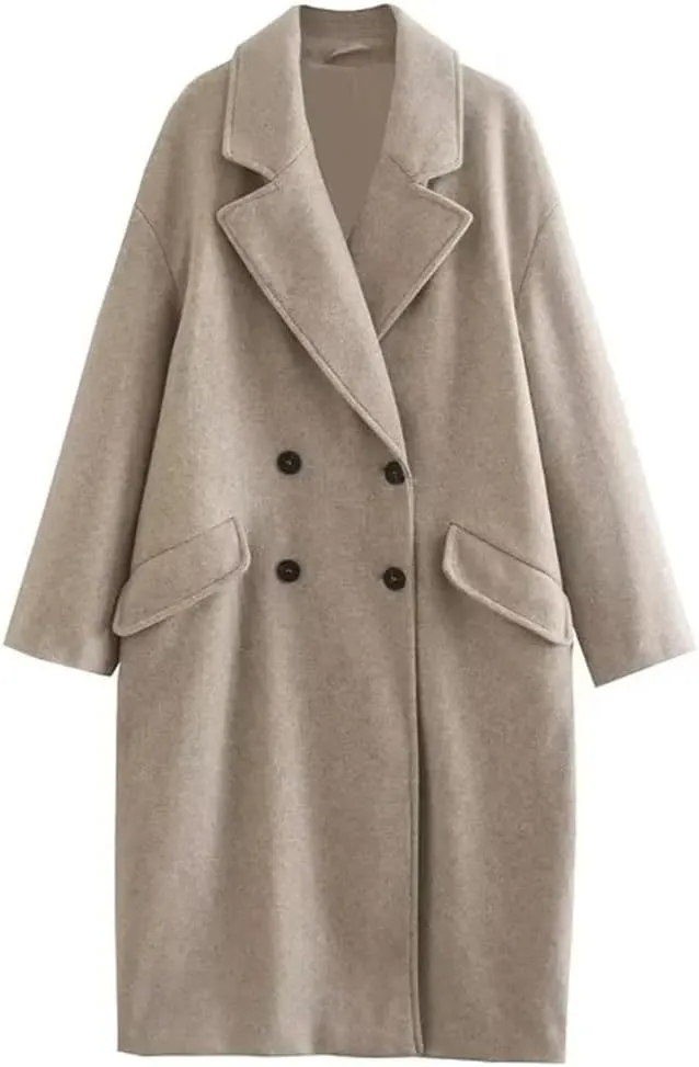 Fjnbbiot Autumn Winter Women's Mid Length Double Breasted Windbreaker Fashion Notched Collar Wool Blend Over Coat