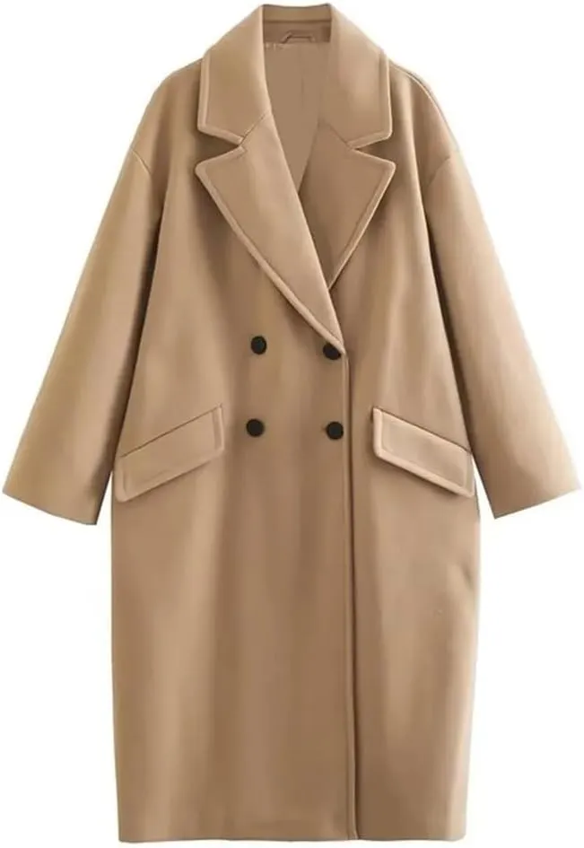 Fjnbbiot Autumn Winter Women's Mid Length Double Breasted Windbreaker Fashion Notched Collar Wool Blend Over Coat