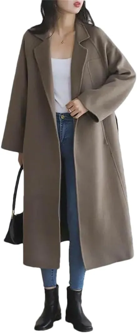 Fjnbbiot Double Sided Woolen Overcoat Women Long Winter Fashion Loose Lacing Belt Wool Blend Over Pea Coat