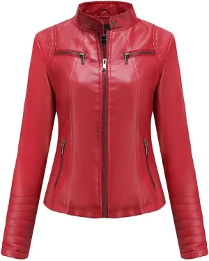 Fjnbbiot Women Moto Biker Zipper Jacket Autumn Spring Motorcycle Faux Leather Jacket
