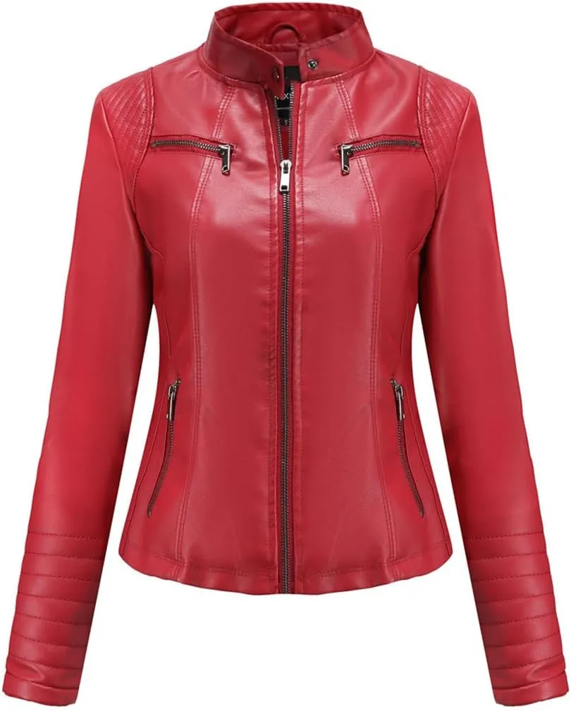 Fjnbbiot Women Moto Biker Zipper Jacket Autumn Spring Motorcycle Faux Leather Jacket