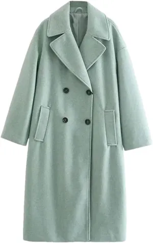 Fjnbbiot Women Winter Thick Woolen Coats With Loose Long Sleeves Elegant Notched Collar Double Breasted Wool Blend Over Coat