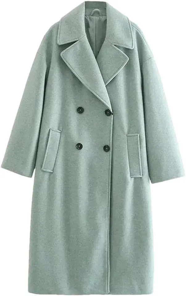 Fjnbbiot Women Winter Thick Woolen Coats With Loose Long Sleeves Elegant Notched Collar Double Breasted Wool Blend Over Coat