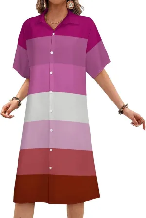Flag Womens Summer Midi Short Sleeve Button Down Shirt Dress Stylish Beach Cover Up Dress