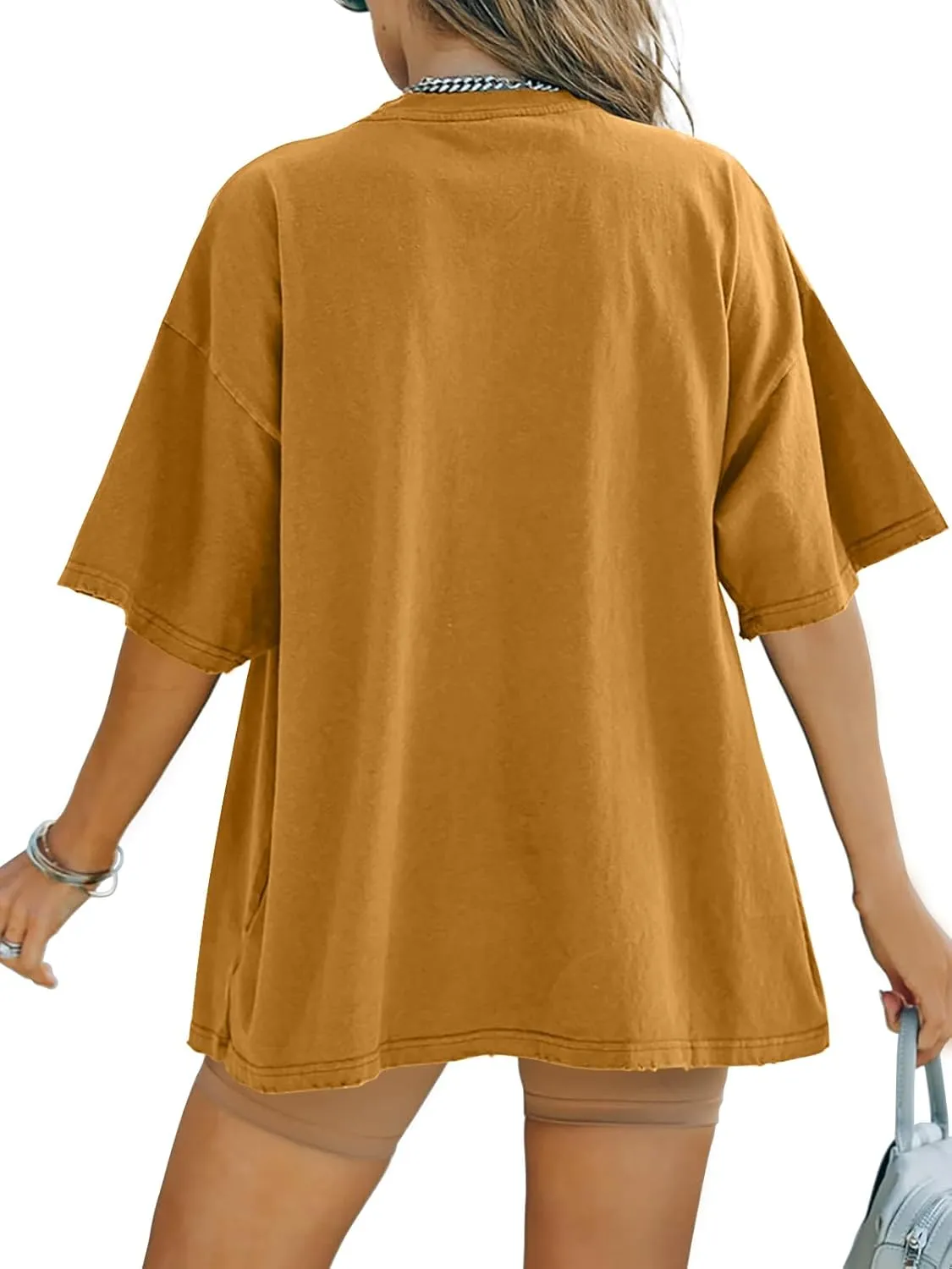 FSHAOES Womens Oversized T Shirts Half Sleeve Crew Neck Cotton Tunic Tops Loose Fit Basic Tee