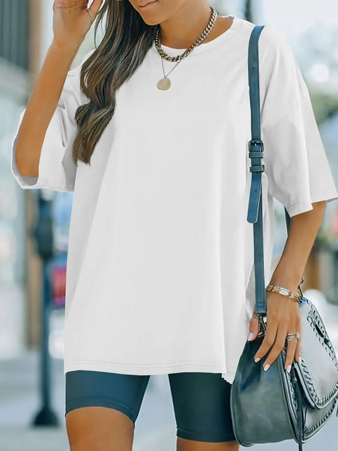 FSHAOES Womens Oversized T Shirts Half Sleeve Crew Neck Cotton Tunic Tops Loose Fit Basic Tee
