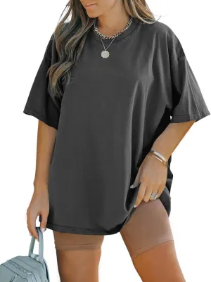 FSHAOES Womens Oversized T Shirts Half Sleeve Crew Neck Cotton Tunic Tops Loose Fit Basic Tee