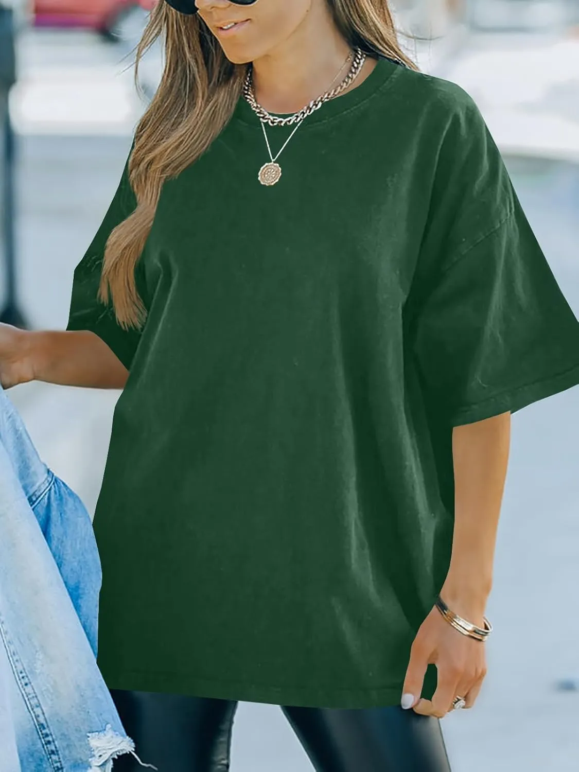 FSHAOES Womens Oversized T Shirts Half Sleeve Crew Neck Cotton Tunic Tops Loose Fit Basic Tee