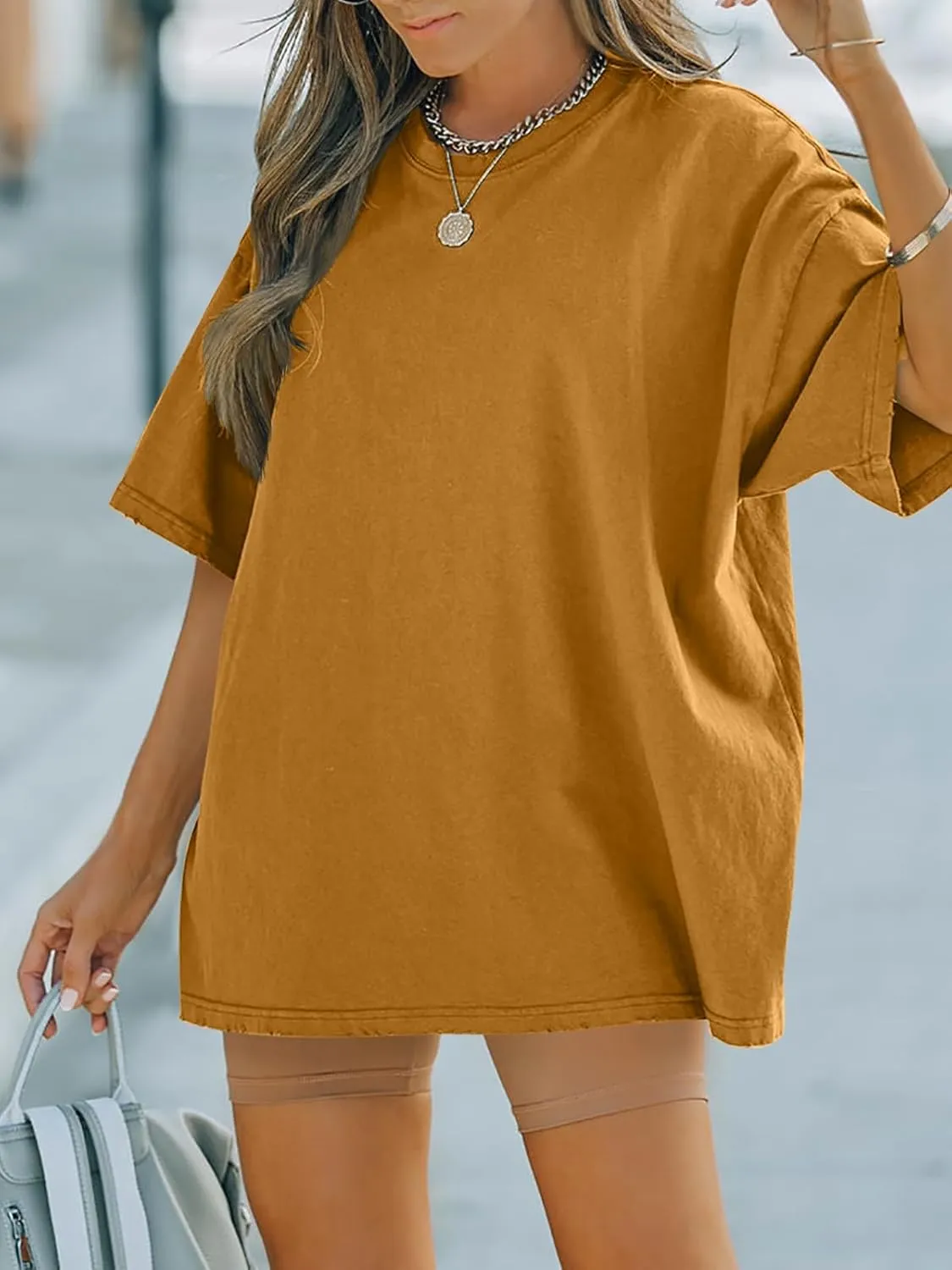 FSHAOES Womens Oversized T Shirts Half Sleeve Crew Neck Cotton Tunic Tops Loose Fit Basic Tee