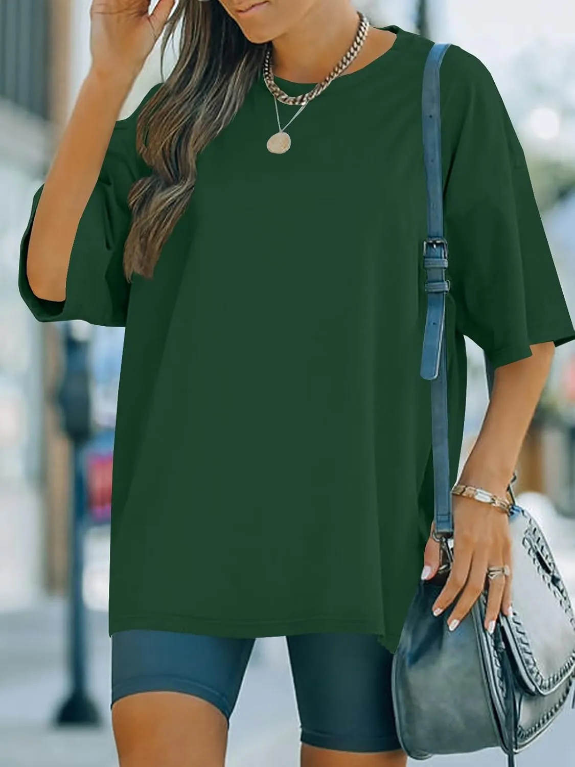 FSHAOES Womens Oversized T Shirts Half Sleeve Crew Neck Cotton Tunic Tops Loose Fit Basic Tee
