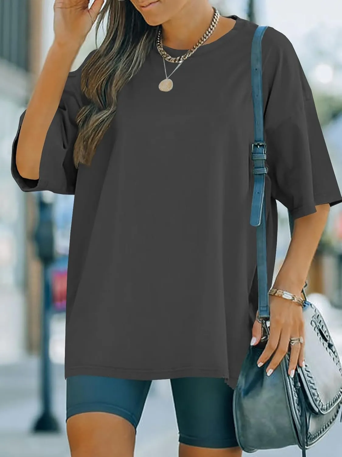 FSHAOES Womens Oversized T Shirts Half Sleeve Crew Neck Cotton Tunic Tops Loose Fit Basic Tee