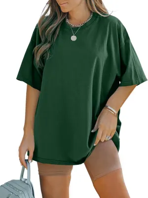 FSHAOES Womens Oversized T Shirts Half Sleeve Crew Neck Cotton Tunic Tops Loose Fit Basic Tee