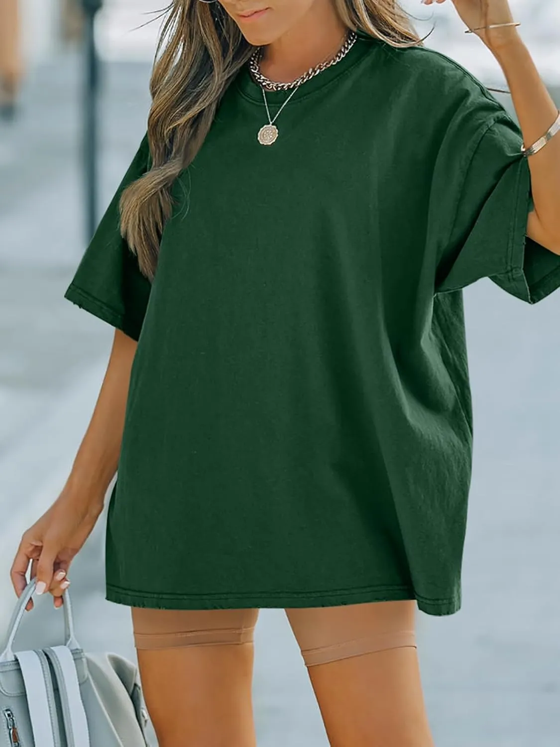 FSHAOES Womens Oversized T Shirts Half Sleeve Crew Neck Cotton Tunic Tops Loose Fit Basic Tee