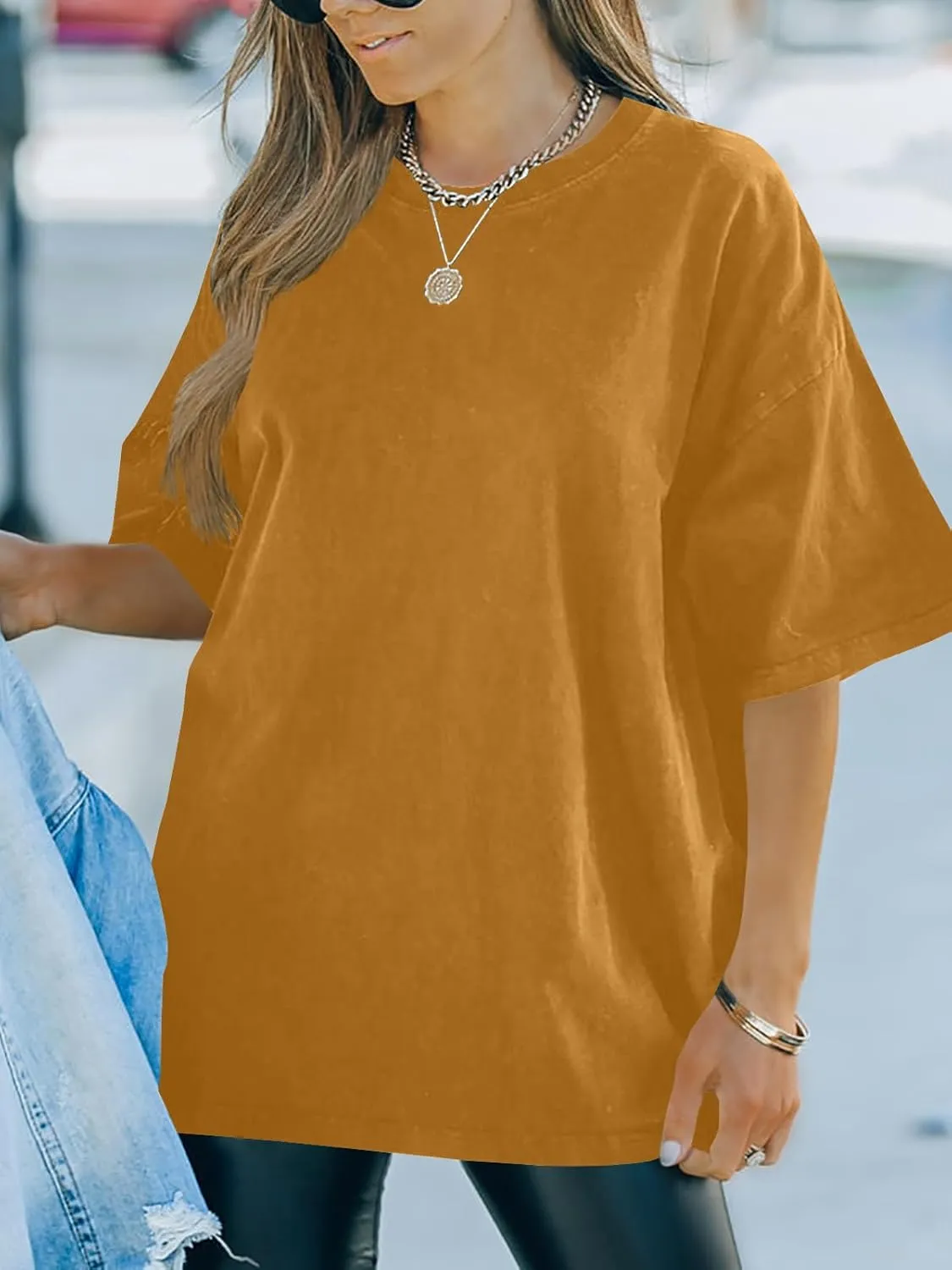 FSHAOES Womens Oversized T Shirts Half Sleeve Crew Neck Cotton Tunic Tops Loose Fit Basic Tee