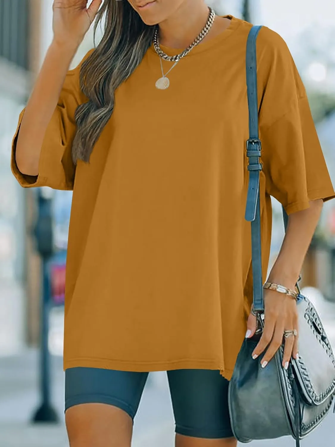FSHAOES Womens Oversized T Shirts Half Sleeve Crew Neck Cotton Tunic Tops Loose Fit Basic Tee