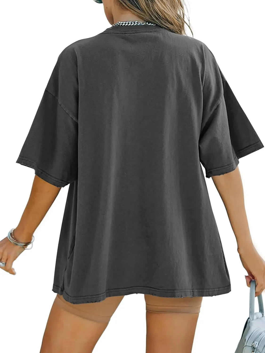 FSHAOES Womens Oversized T Shirts Half Sleeve Crew Neck Cotton Tunic Tops Loose Fit Basic Tee