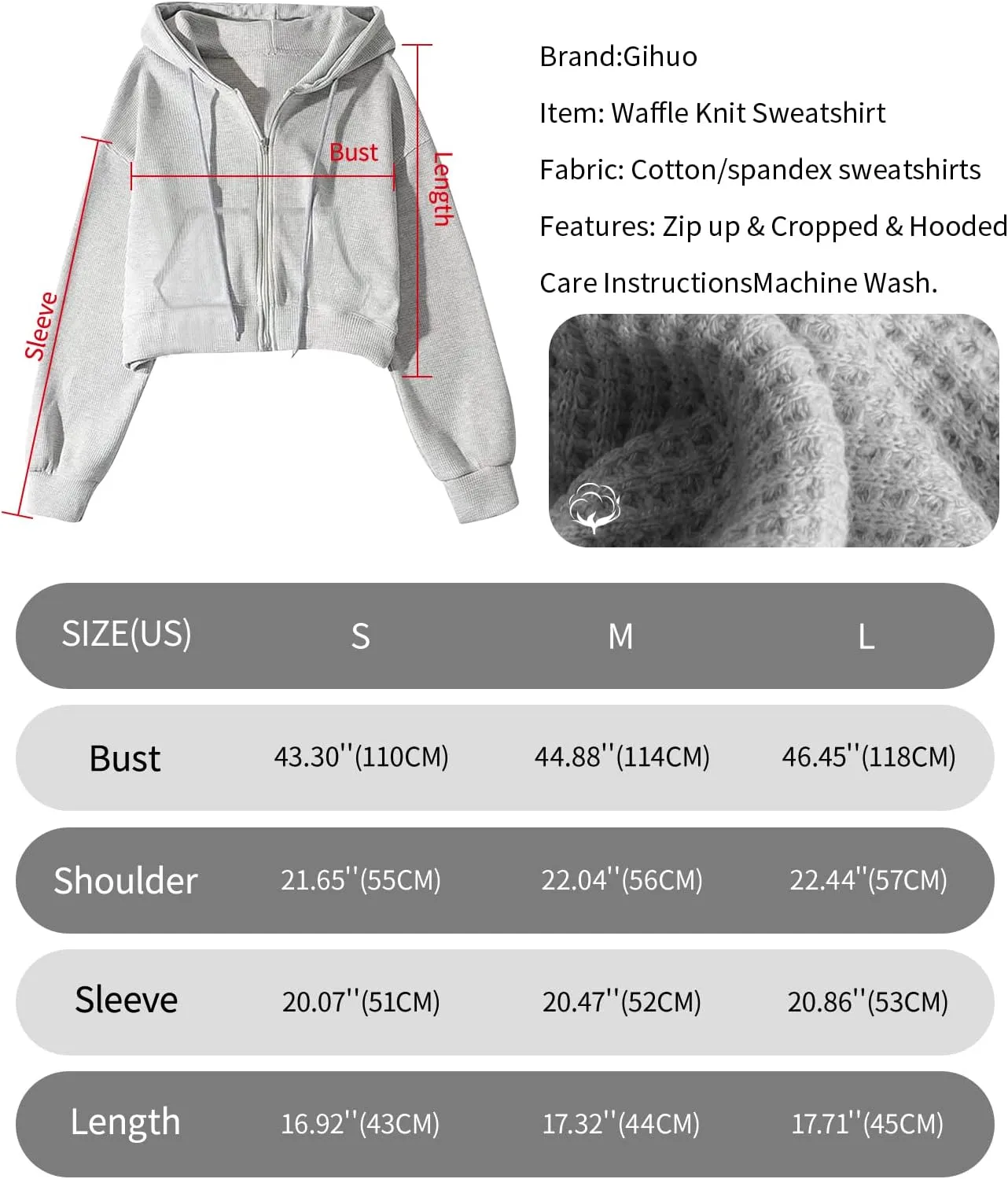 Gihuo Women’ s Waffle Knit Hoodie Long Sleeve Cropped Hooded Sweatshirts Zip Up Fashion Jacket with Kanga Pocket
