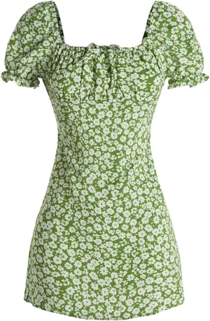 Girl's Boho Summer Dress Floral Short Sleeve Square Neck Cute A Line Mini Short Spring Dresses