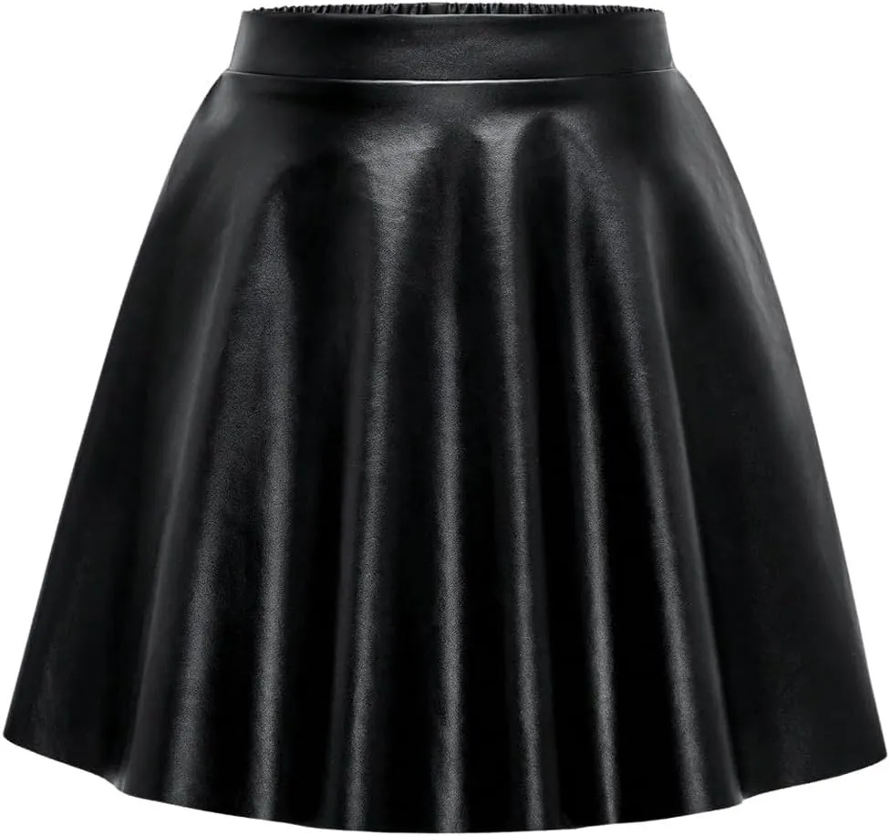 Girl's Faux Leather Pleated Mini Skirt High Waisted Flared Skater Skirts
