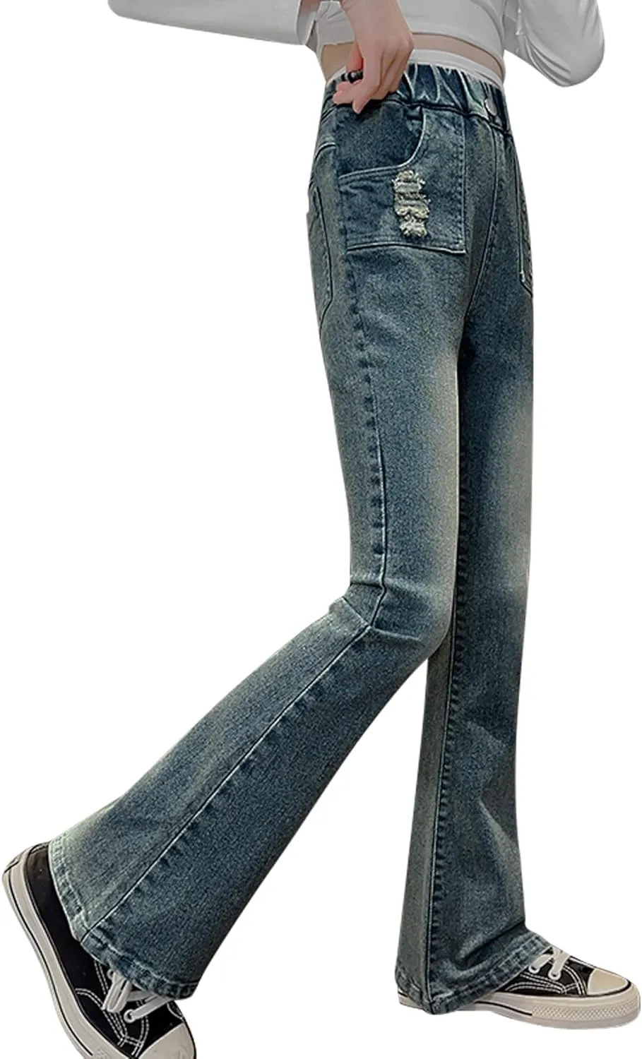 Girls Flare Leg Bell Bottom Jeans Kids Vintage Slim Fit Stretchy Bootcut Denim Pants