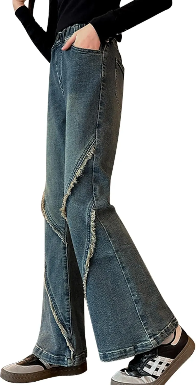 Girls Flare Leg Bell Bottom Jeans Kids Vintage Slim Fit Stretchy Bootcut Denim Pants