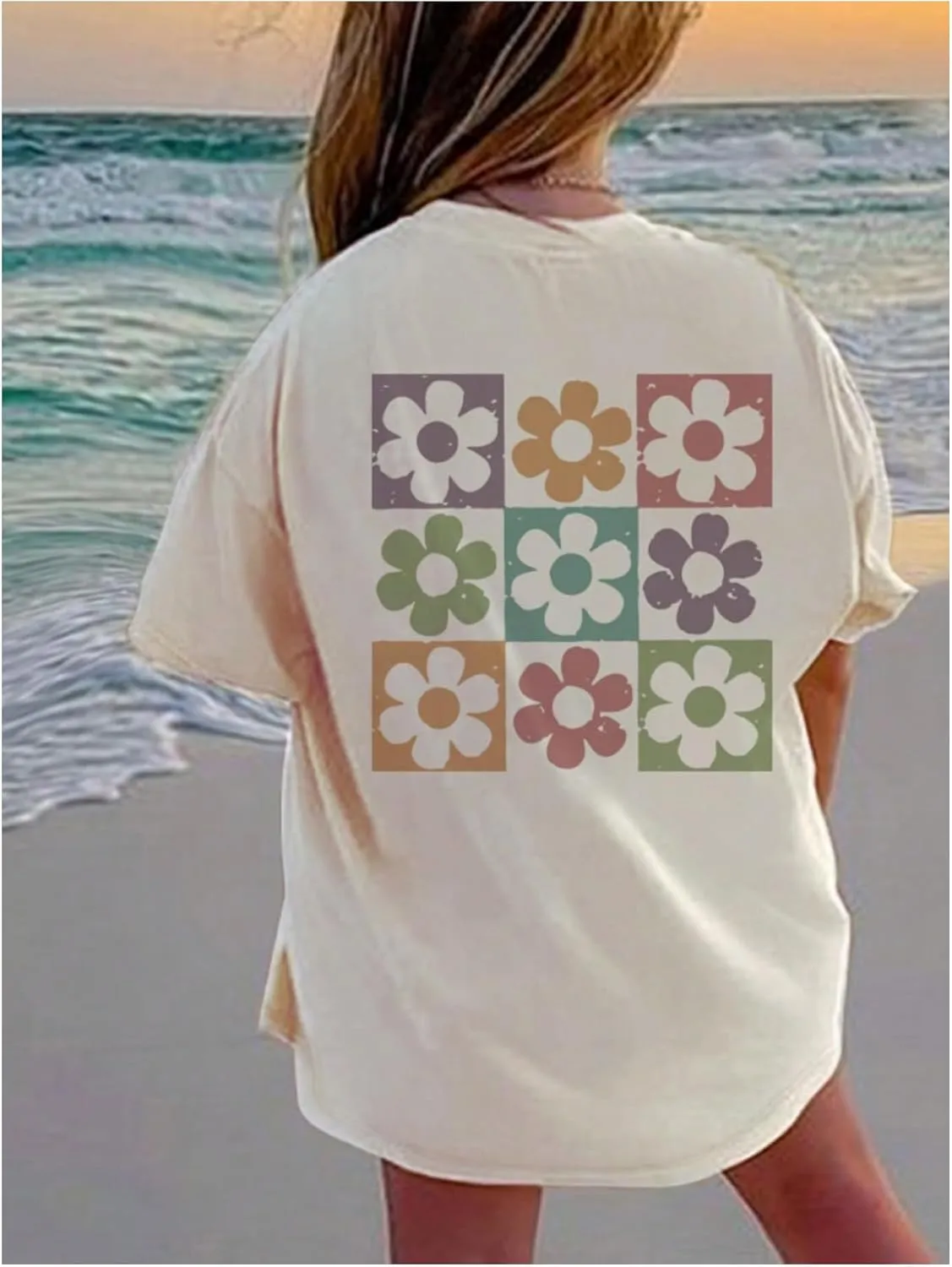 Girl's Floral Graphic Print Cute T Shirts Crew Neck Short Sleeve Clothes Loose Summer Cute Tops for Girls