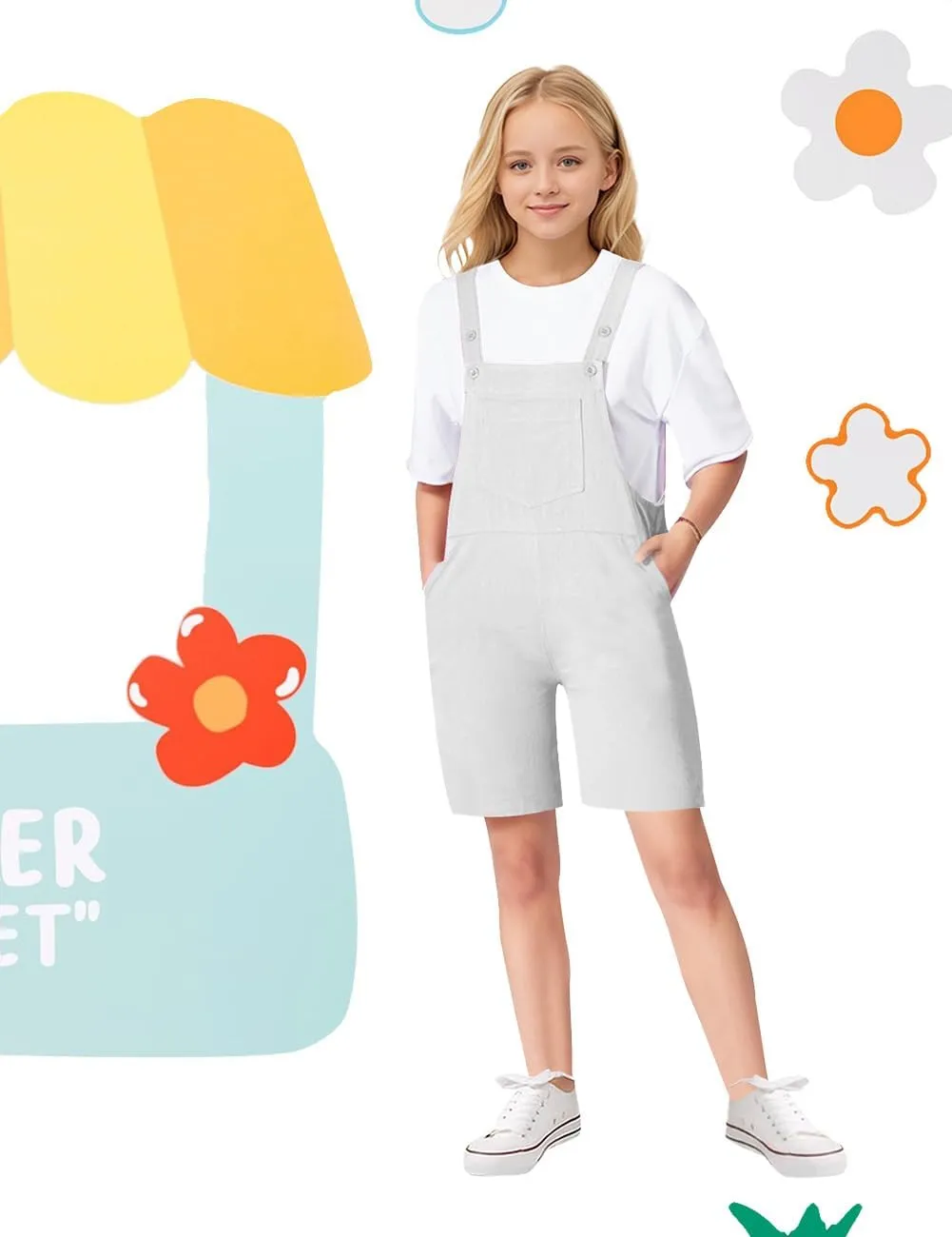 Girls Overalls Sleeveless Adjustable Jumpsuits Kids Casual Loose Romper Cute Long Pants with Pockets 4-14 Years