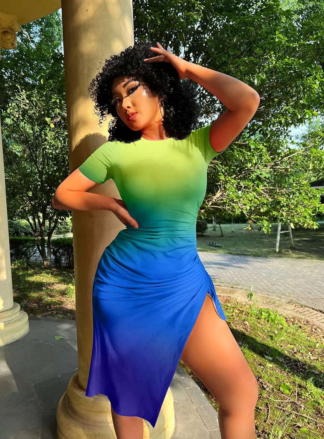 GOKATOSAU Women's Sexy Bodycon Short Sleeve Slit Ruched Summer Club Party Midi Dress