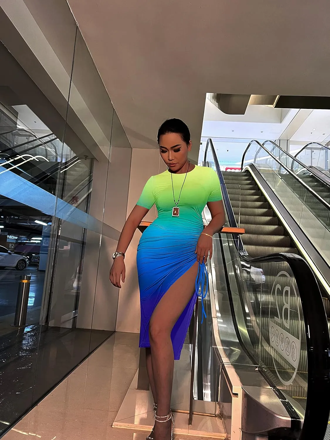 GOKATOSAU Women's Sexy Bodycon Short Sleeve Slit Ruched Summer Club Party Midi Dress