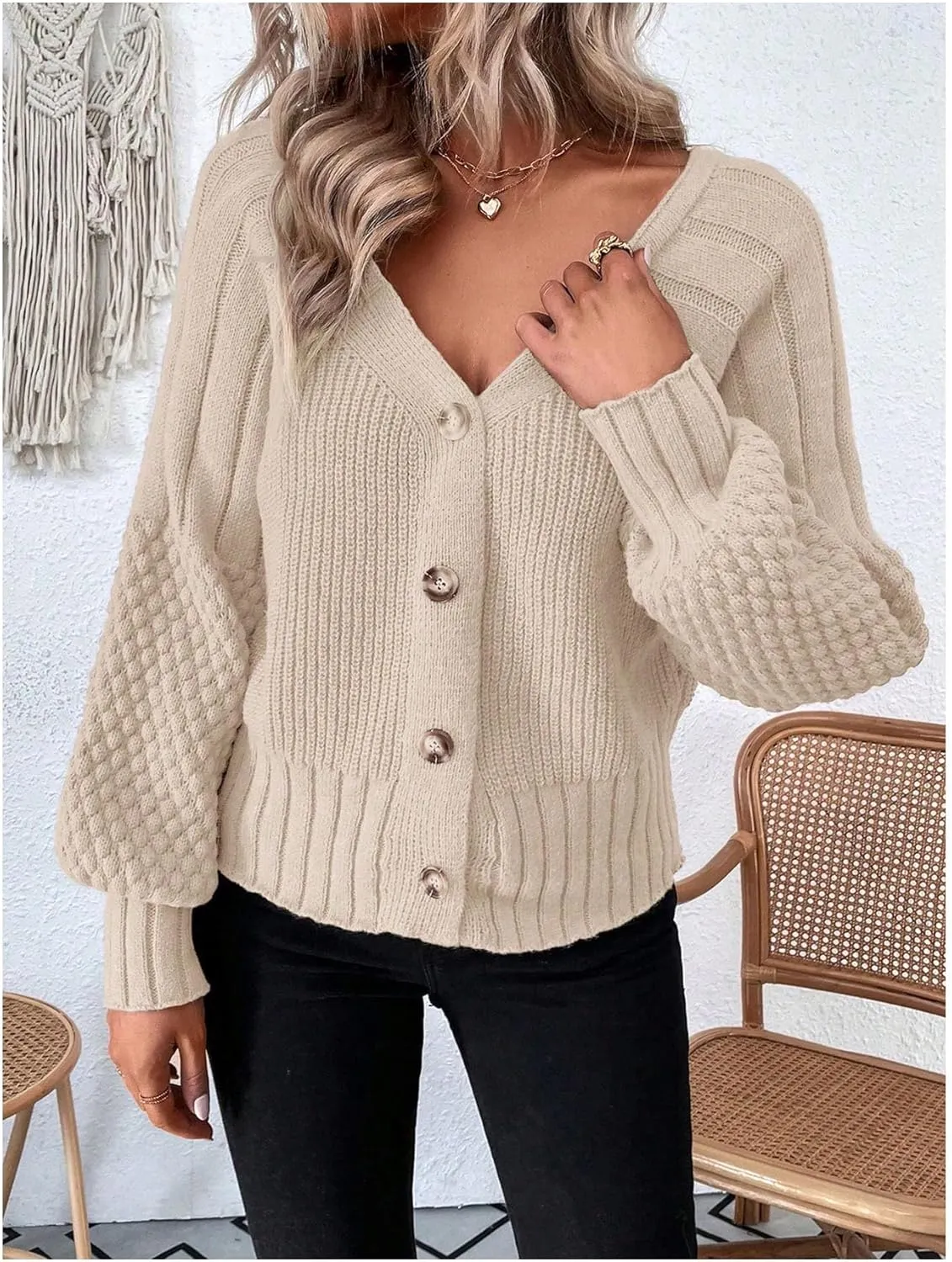 GORGLITTER Women's Cable Knit Long Sleeve Button Up Cardigan Sweater Cropped Casual Fall Knitted Sweaters