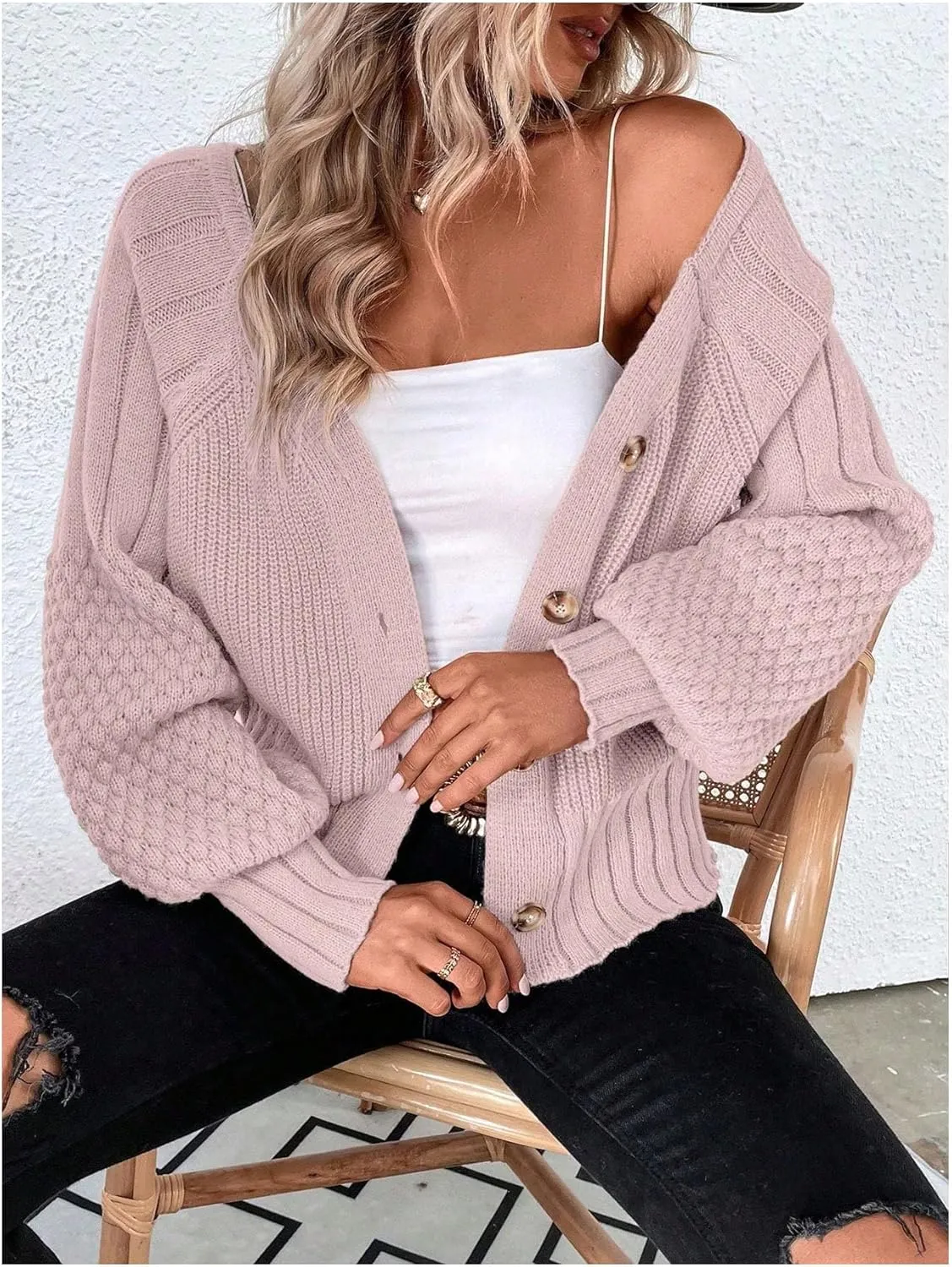 GORGLITTER Women's Cable Knit Long Sleeve Button Up Cardigan Sweater Cropped Casual Fall Knitted Sweaters
