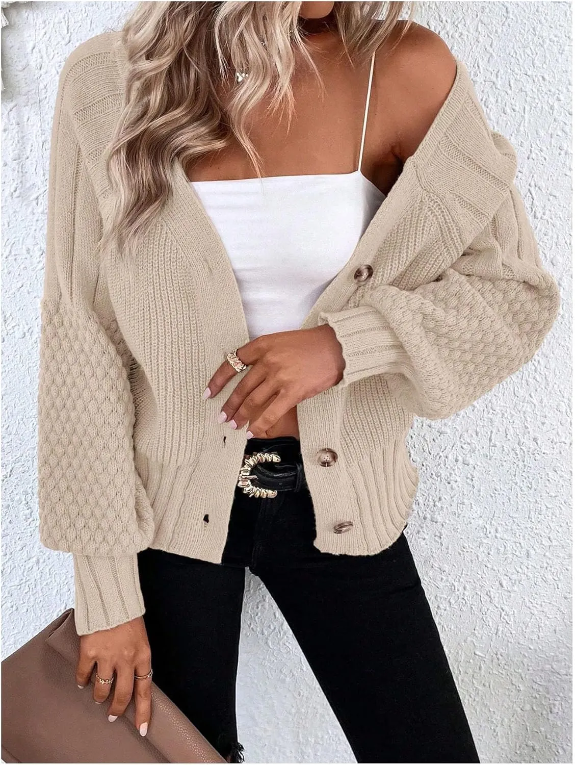 GORGLITTER Women's Cable Knit Long Sleeve Button Up Cardigan Sweater Cropped Casual Fall Knitted Sweaters
