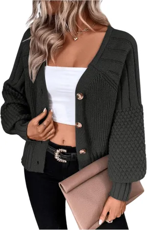 GORGLITTER Women's Cable Knit Long Sleeve Button Up Cardigan Sweater Cropped Casual Fall Knitted Sweaters