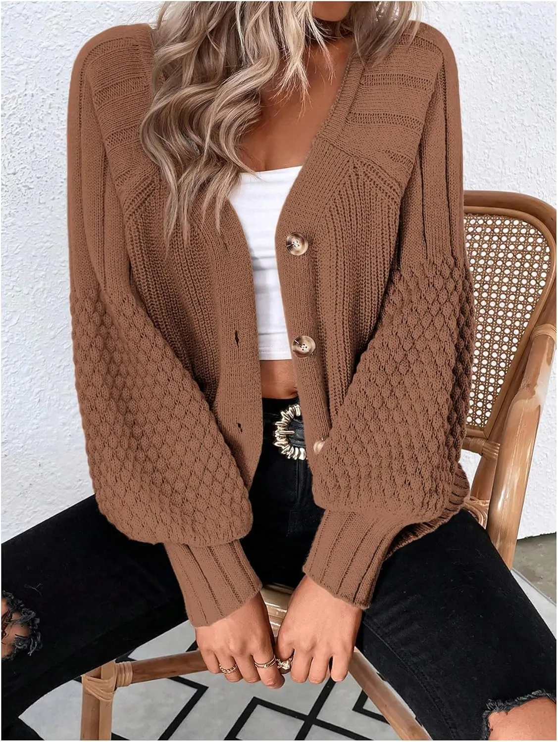 GORGLITTER Women's Cable Knit Long Sleeve Button Up Cardigan Sweater Cropped Casual Fall Knitted Sweaters
