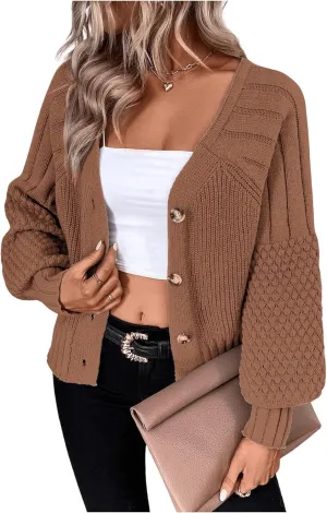GORGLITTER Women's Cable Knit Long Sleeve Button Up Cardigan Sweater Cropped Casual Fall Knitted Sweaters