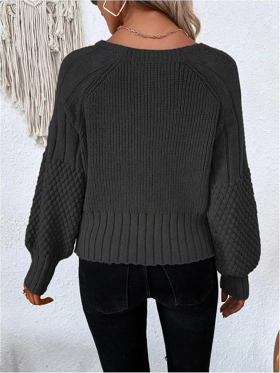 GORGLITTER Women's Cable Knit Long Sleeve Button Up Cardigan Sweater Cropped Casual Fall Knitted Sweaters