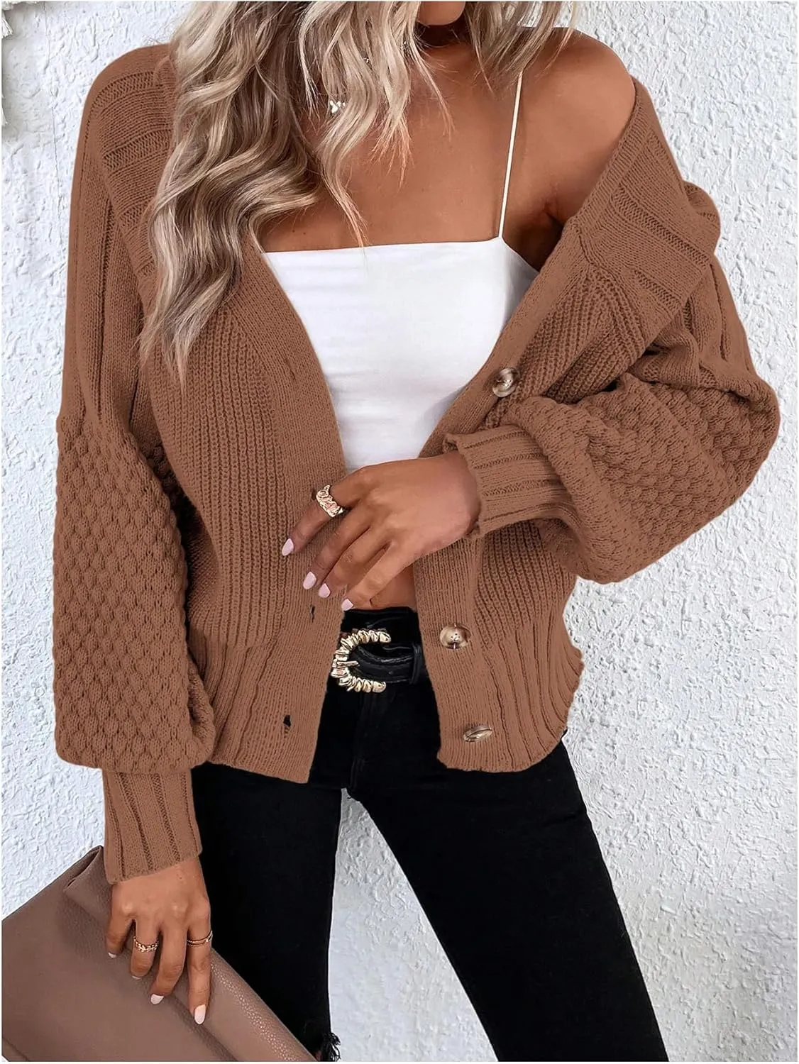GORGLITTER Women's Cable Knit Long Sleeve Button Up Cardigan Sweater Cropped Casual Fall Knitted Sweaters