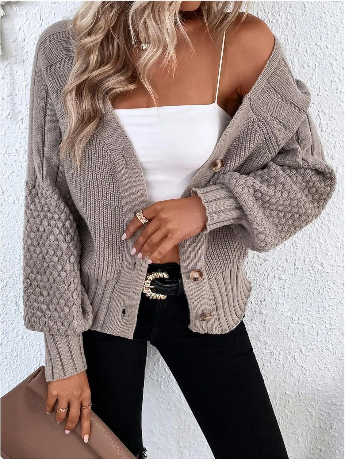 GORGLITTER Women's Cable Knit Long Sleeve Button Up Cardigan Sweater Cropped Casual Fall Knitted Sweaters