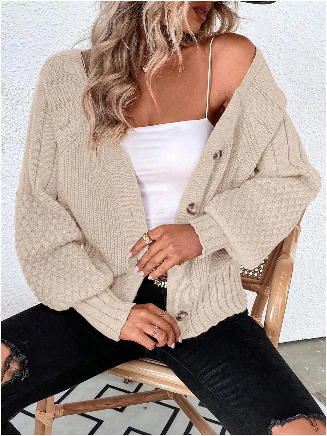 GORGLITTER Women's Cable Knit Long Sleeve Button Up Cardigan Sweater Cropped Casual Fall Knitted Sweaters