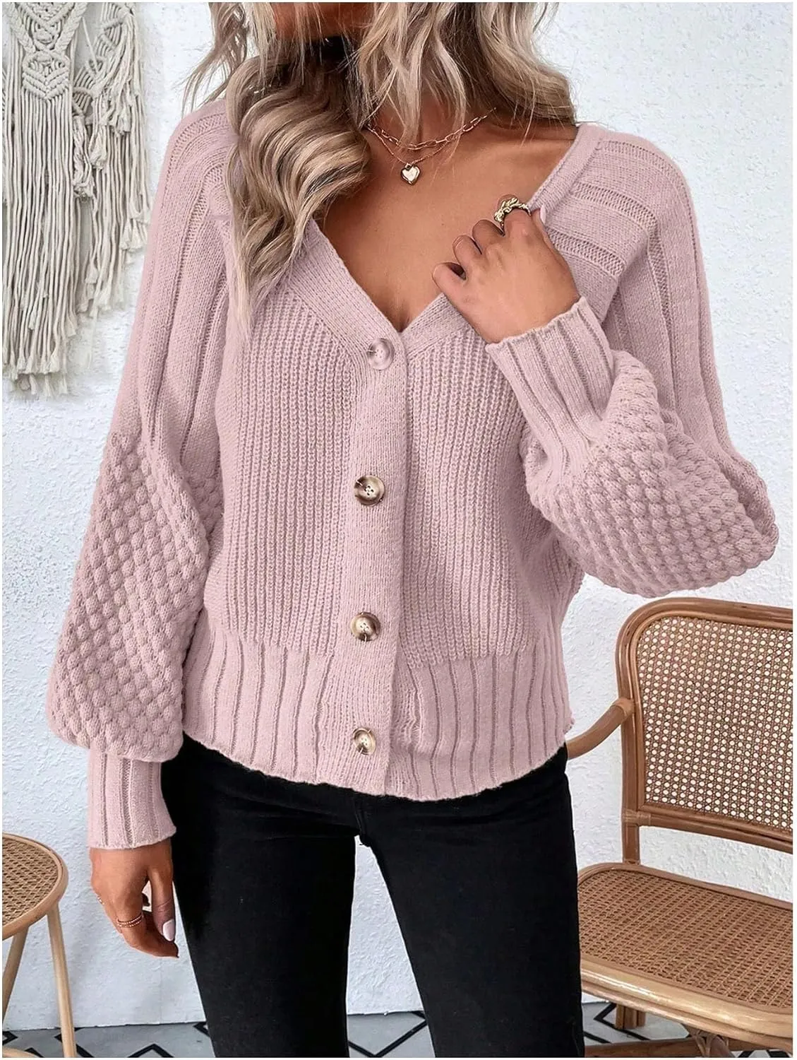 GORGLITTER Women's Cable Knit Long Sleeve Button Up Cardigan Sweater Cropped Casual Fall Knitted Sweaters