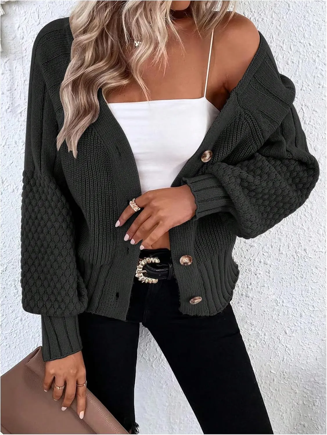 GORGLITTER Women's Cable Knit Long Sleeve Button Up Cardigan Sweater Cropped Casual Fall Knitted Sweaters